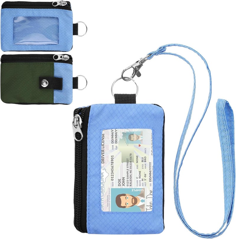 ZHOMA Minimalist RFID Wallet with Lanyard, Multi-Functional ID Case with 2 Zipper Pockets and Key Chain for Men and Women, Tactical Badge Pouch Cards Holder, Coin Purse for Travel Sports - Green&Blue - Image 1